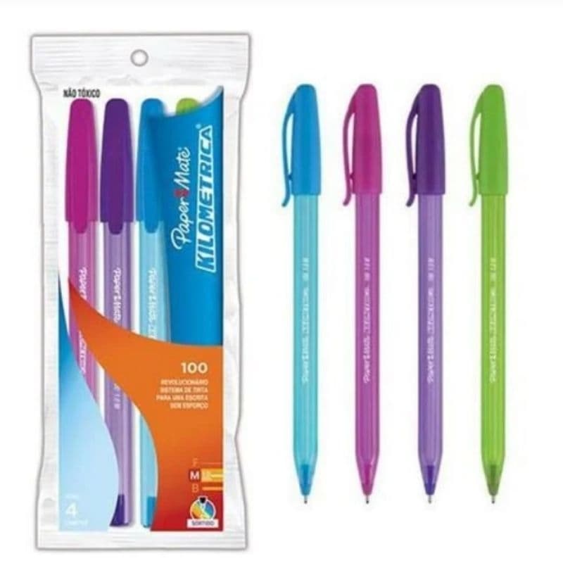 Kit de Canetas Paper Mate Kilometrica 1.0  com 4 cores vibrantes