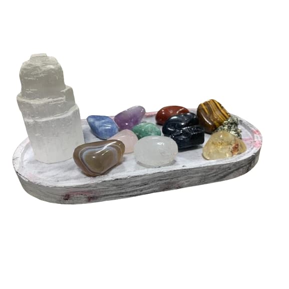 Kit 12 Pedras e Cristais  + Bandeja de Gesso + Mini Torre ou Palito de Selenita Branca