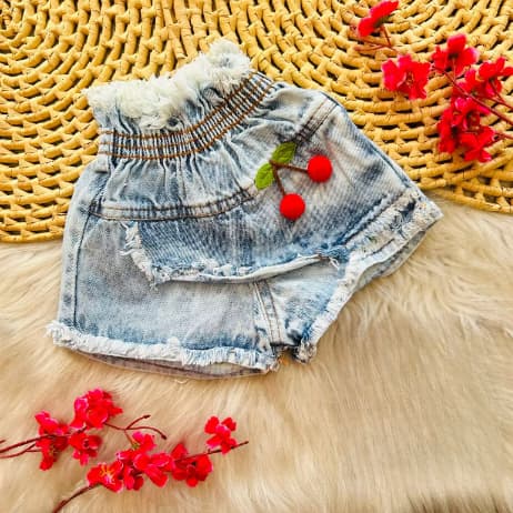 Shorts Jeans Infantil Cereja / Shorts Jeans com Detalhes - Diversos Tamanhos e Lavangens