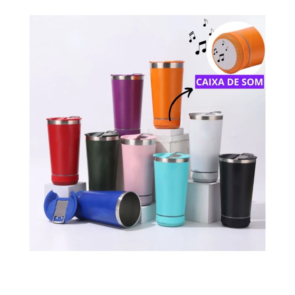 Copo térmico inox com tampa abridor e caixa de som com bluetooth Led 420ML