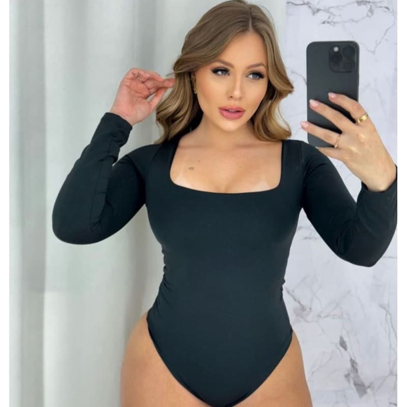 Body Collant Feminino Segunda Pele Com Decote Quadrado Manga Longa Básico Tendência Moda Blogueira