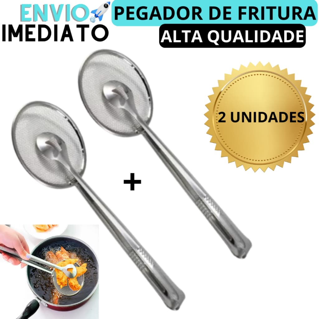 Kit 2 Escumadeira Para Fritura Com Pegador Em Inox Com Pinça e Peneira Pegador de Fritura Com Pinça Escumadeira Fritura