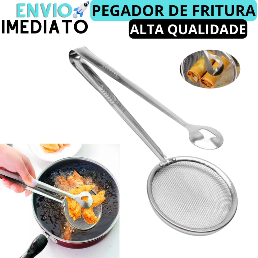 Escumadeira Para Fritura Com Pegador Em Inox Com Pinça e Peneira Pegador de Fritura Com Pinça Escumadeira Fritura