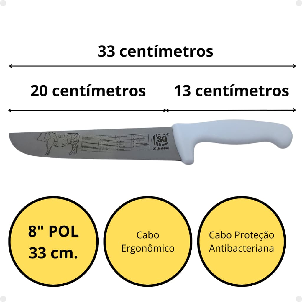 Faca Carne Chef Aço Cabo Branco 8'' ou 10" Profissional Churrasco Entre as melhores facas de cozinha