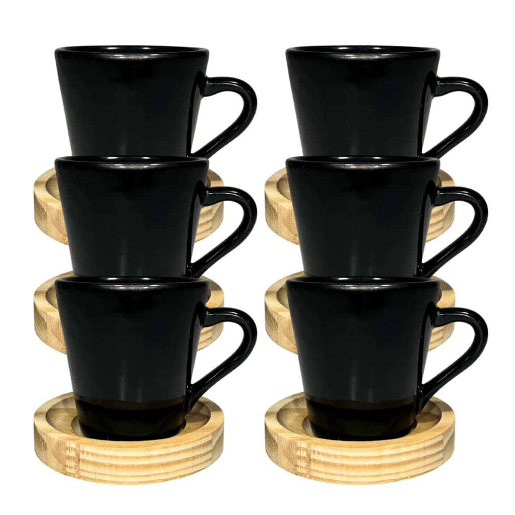 Jogo Xícaras Porcelana 120ml Preta Café Pires Madeira 12 Peças
