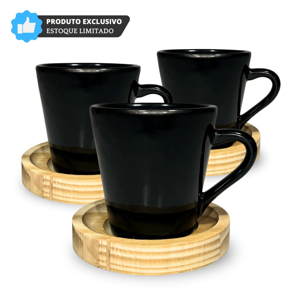 Conjunto 6 Xícaras Black Porcelana 120ml + 6 Pires Pinus