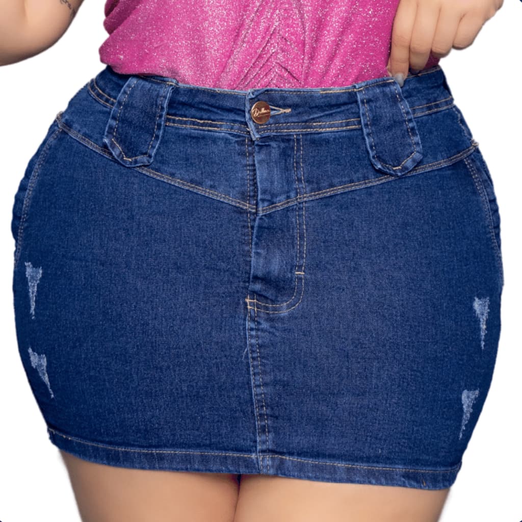 Saia Jeans Plus Size Feminina Cintura Alta Destroyed Azul Escuro
