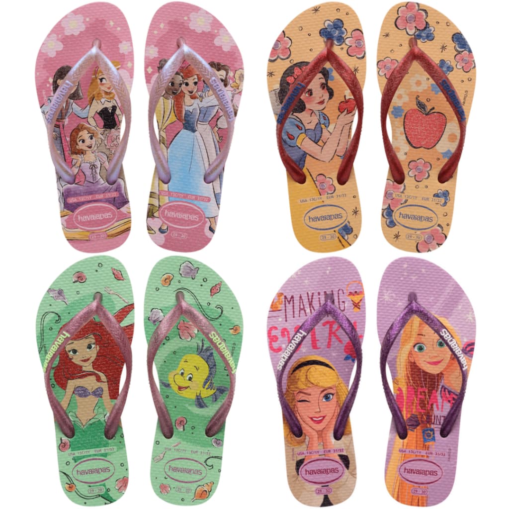 Chinelo Havaianas Menina Disney Princesa Branca de Neve Mulan Ariel Frozen Minnie Olaf Anna Elsa