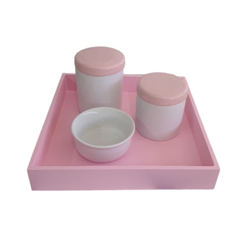 kit Higiene Bebê Porcelana Menina, Tampas e Bandeja Rosa,Potes Algodão e Cotonete.