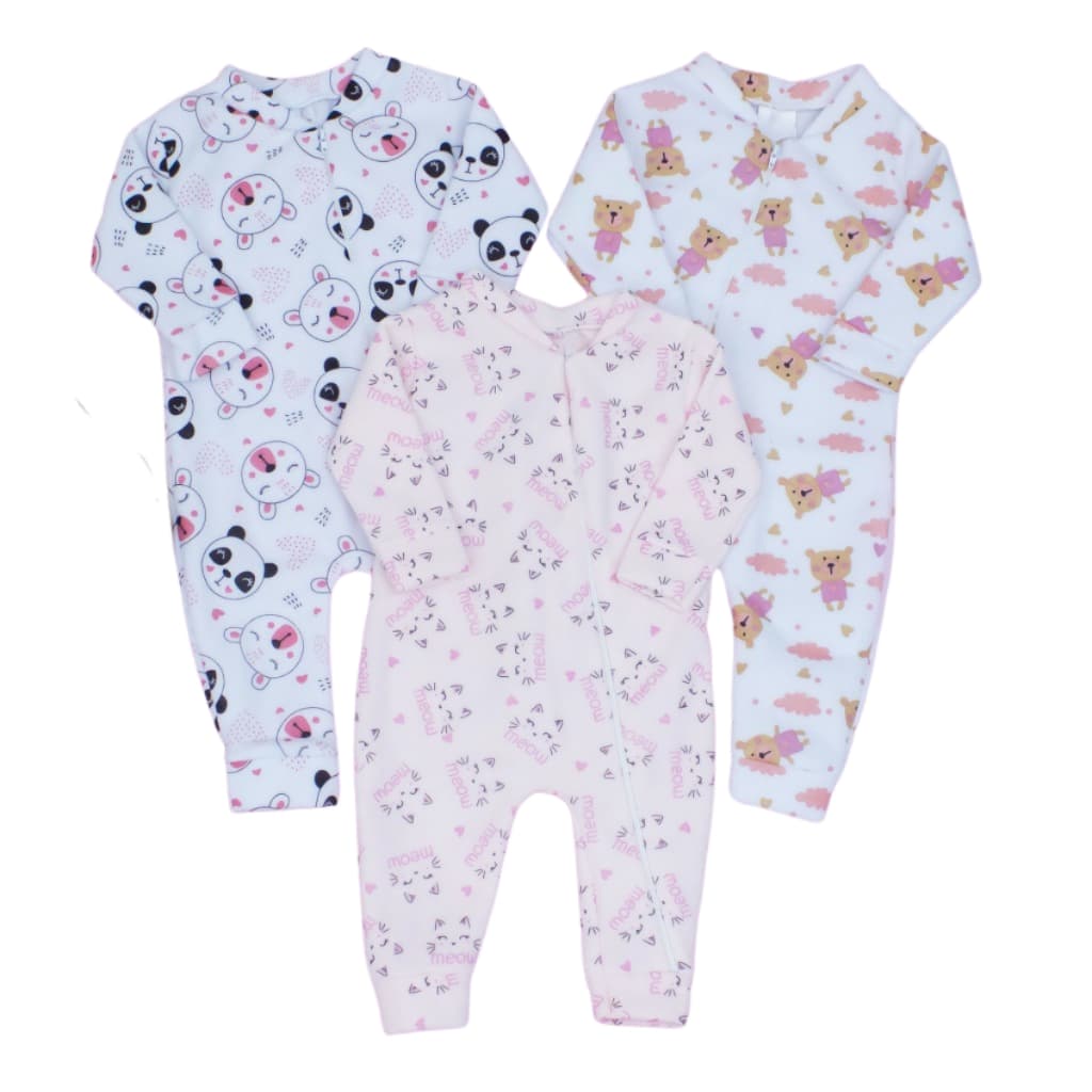 Macacão Para Bebe de soft inverno quentinho masculino ou feminino estampas sortidas 03 Peças