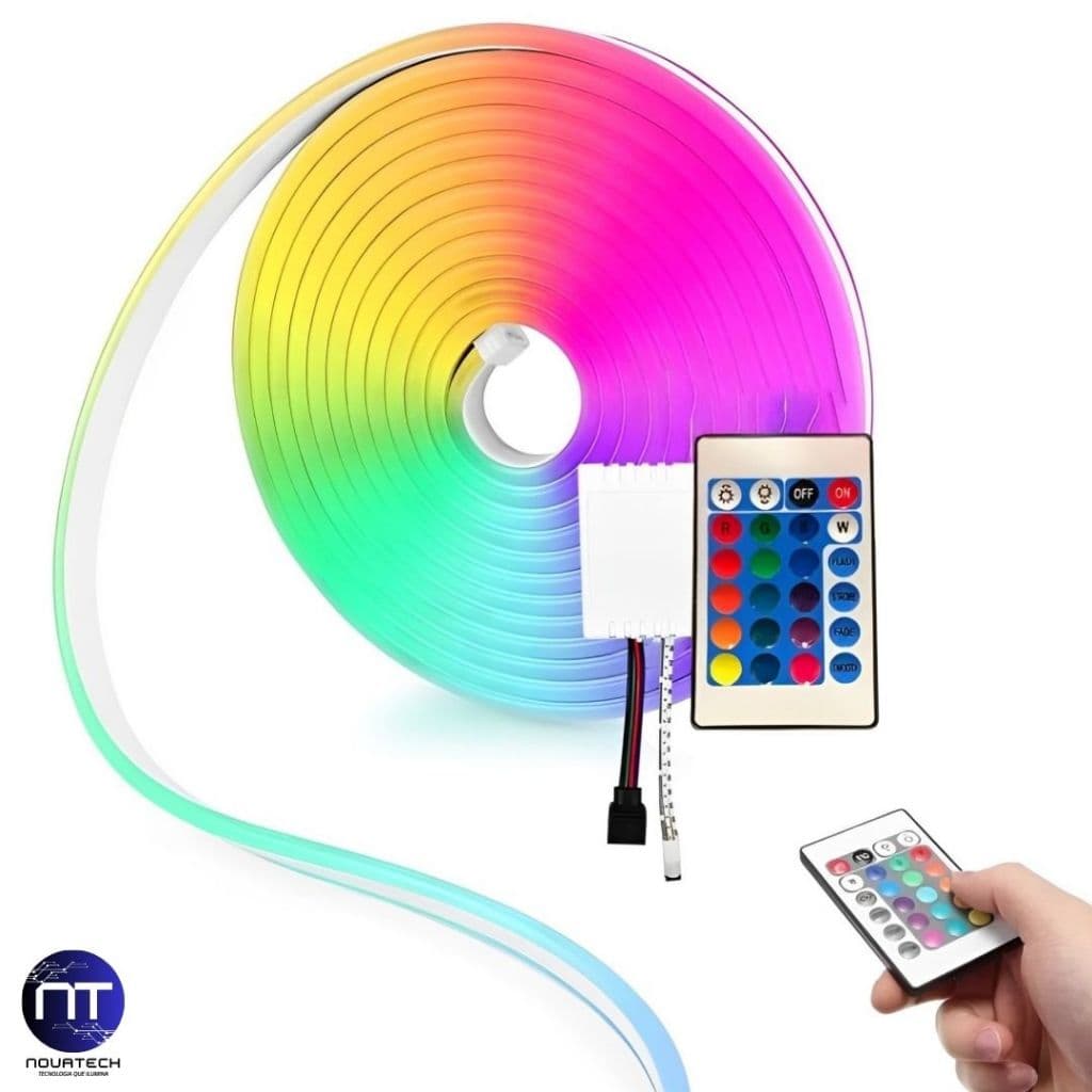 Fita LED Neon RGB 5 Metros com Controle Remoto Com ou Sem Fonte Resistente a Agua Para Aplicações