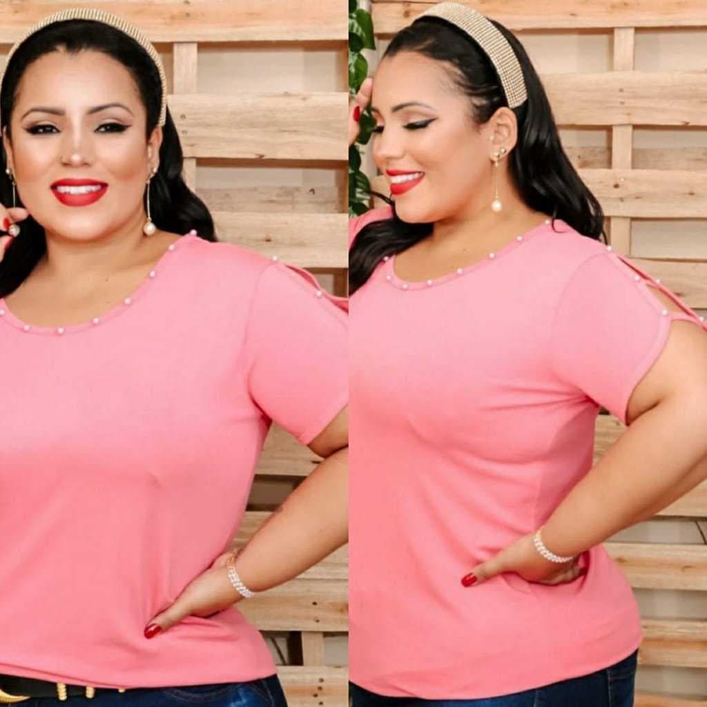 Blusa com Pérolas na Gola e Manga Plus Size Qualidade