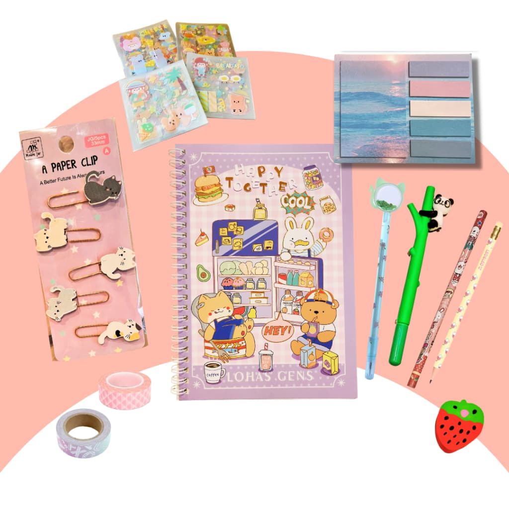 Kit Papelaria Kawaii 20 Itens Fofos Caderno Caneta Adesivo Washi Tape