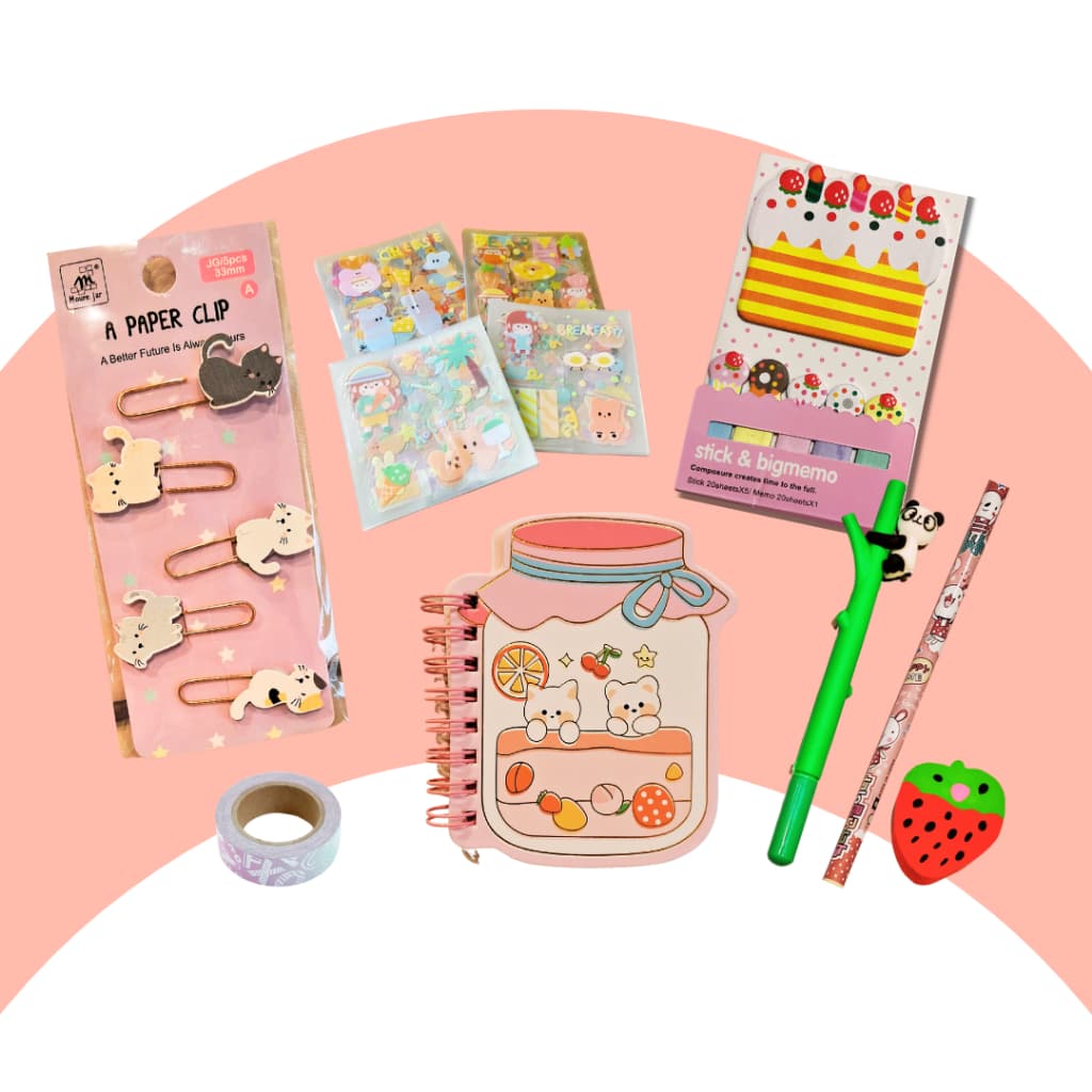 Kit Papelaria Kawaii 12 Itens Fofos Bloquinho Adesivos Clipes Washi Tape