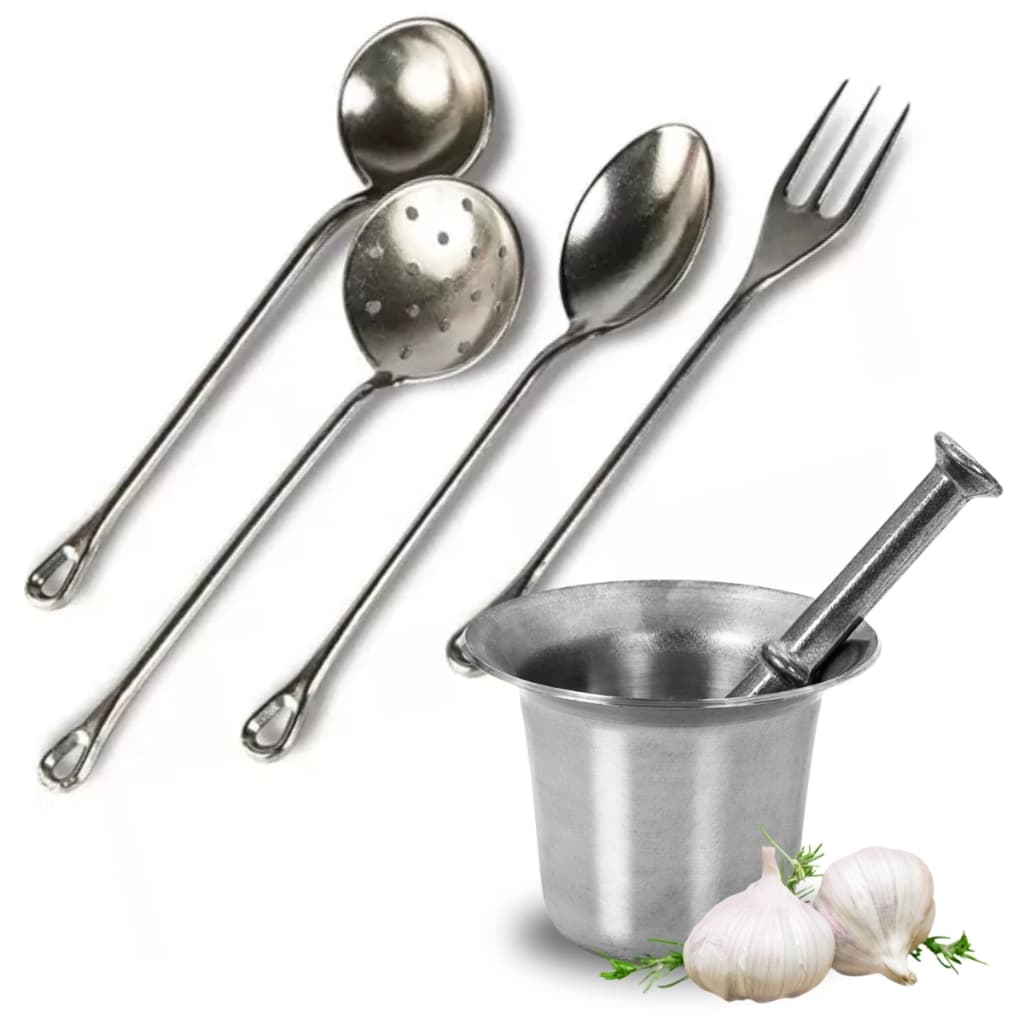 Kit de Cozinha Completo 5 Peças Pilão Almofariz, Colher, Concha, Escumadeira e Garfo