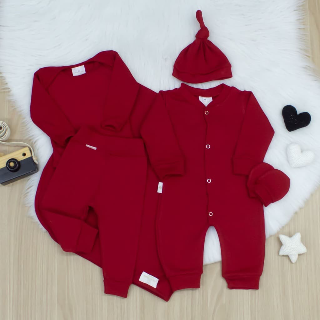 Saída De Maternidade Vermelho 6 Peças Suedine 100% Algodão Conjunto Infantil Menino Menina Completo
