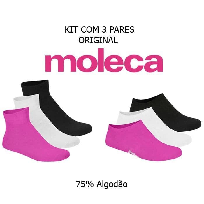 Kit 3 Meias Moleca Soquete Invisível e Cano Médio em Algodão Branco, Preto e Rosa