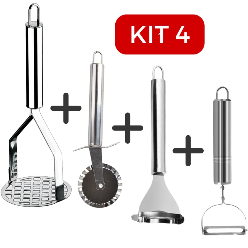 KIT 4 Amassador de Batata Inox + Cortador de Pastel Massa + Cortador de Milho Raspador Debulhador + Descascador de Legumes Frutas
