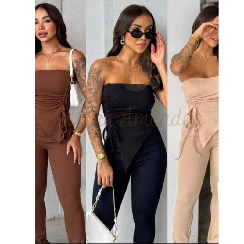 Conjunto Moda Gringa Encorpado Cropped E Calça Anarruga Feminino Lançamento