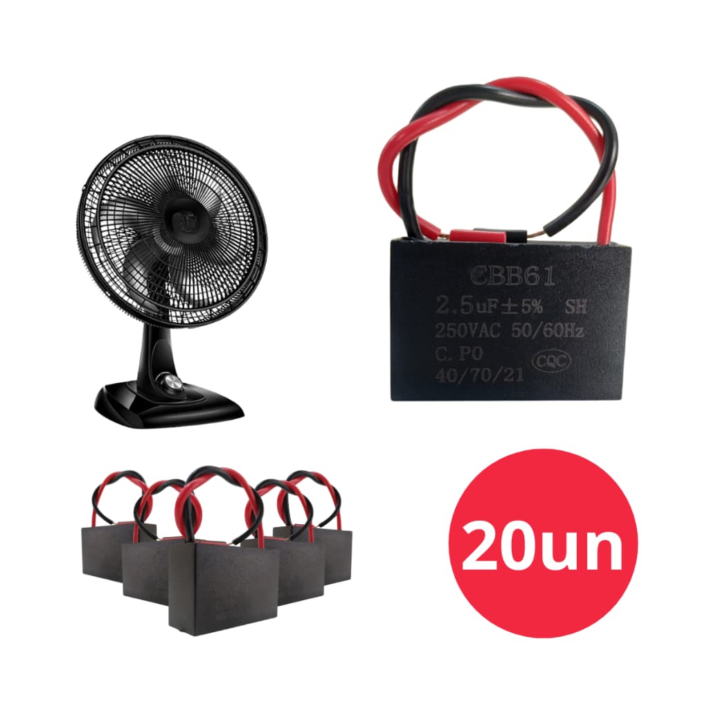 Kit 20 Capacitor CBB61 Ventilador Partida Vários Modelo 250V 450V 1.2UF 2UF 3UF 4UF 50/60Hz 40/70/21