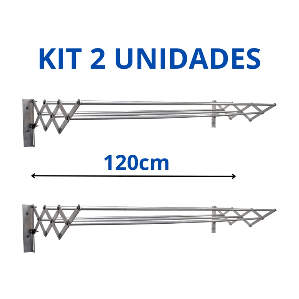Kit 2 Varal de Parede Sanfonado Aluminio Retrátil 120 cm Não Enferruja