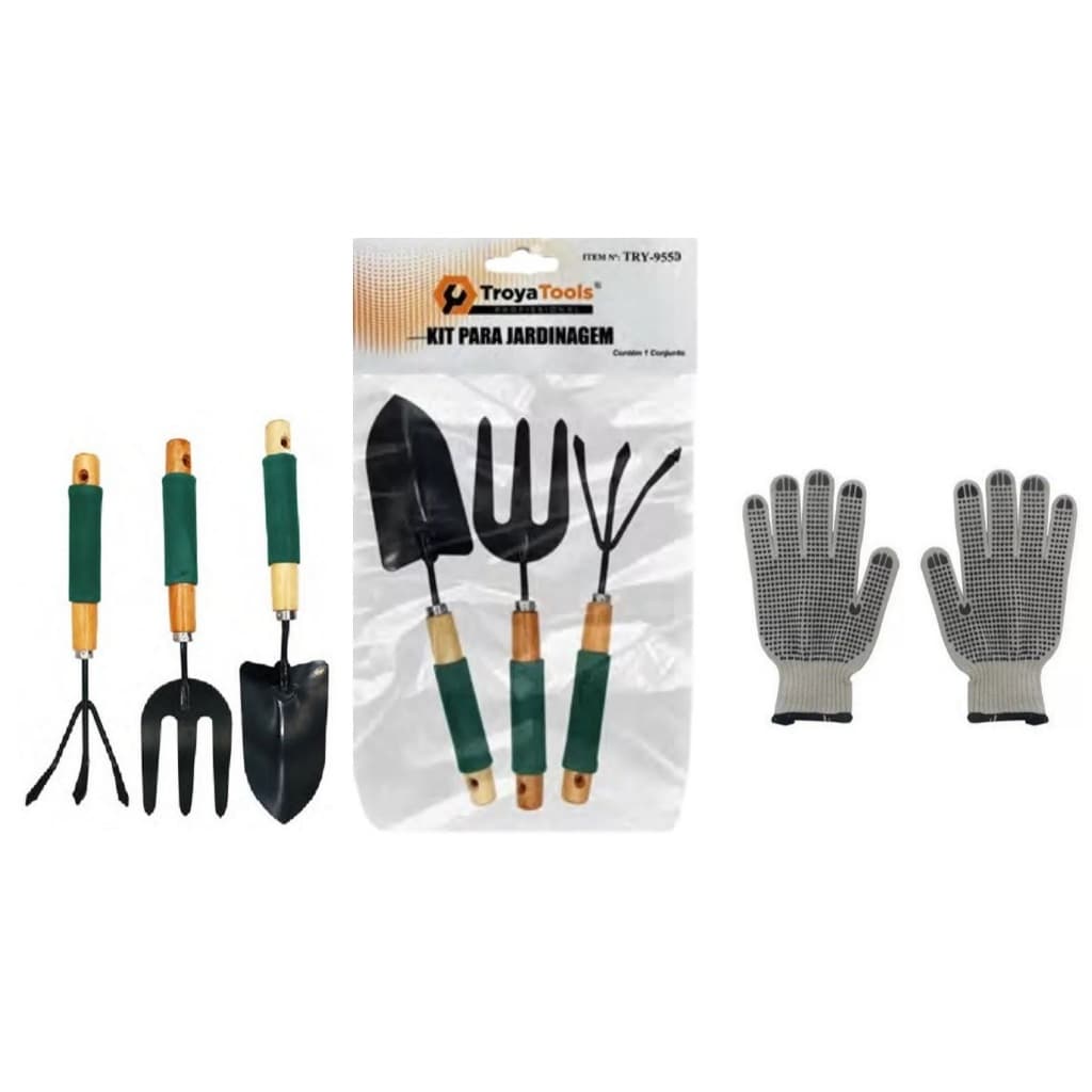 KIT JARDINAGEM 3 PÇS + LUVAS ALGODÃO PIGMENTAD