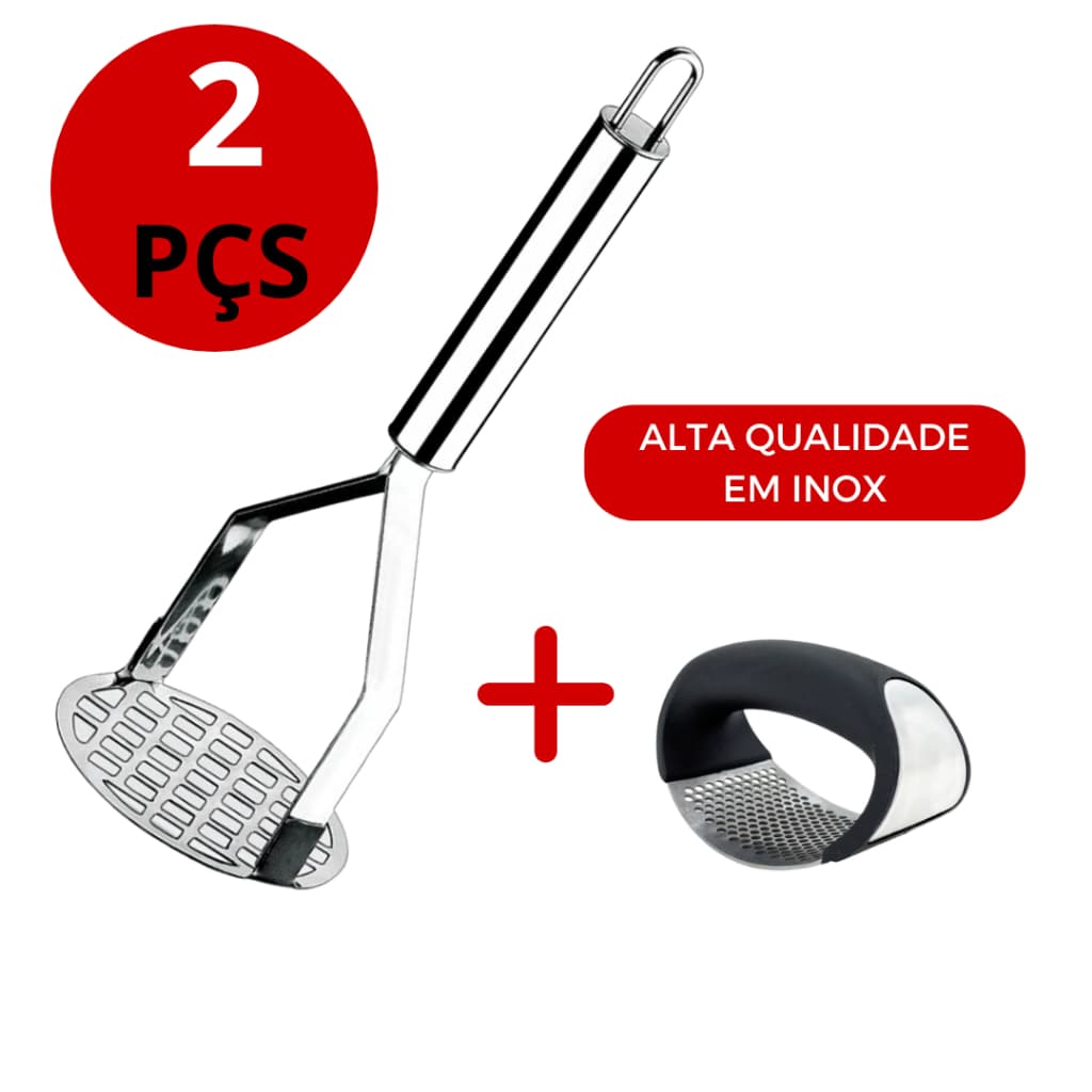 Kit 2 Amassador Batata Inox Restaurante Alho Resistente Cozinha