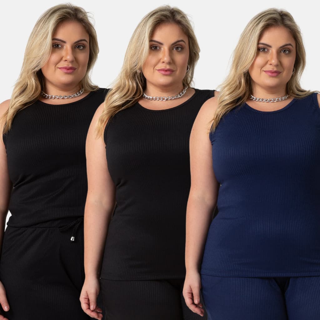 Kit 3 Regata Feminina Plus Size Moderna e Conforto Verão Calor 1213-K3