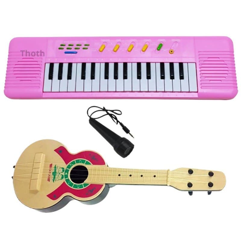 Kit Teclado Infantil Rosa Viola Brinquedo Microfone Piano Violão Infantil 3 Tons Educacional Musical