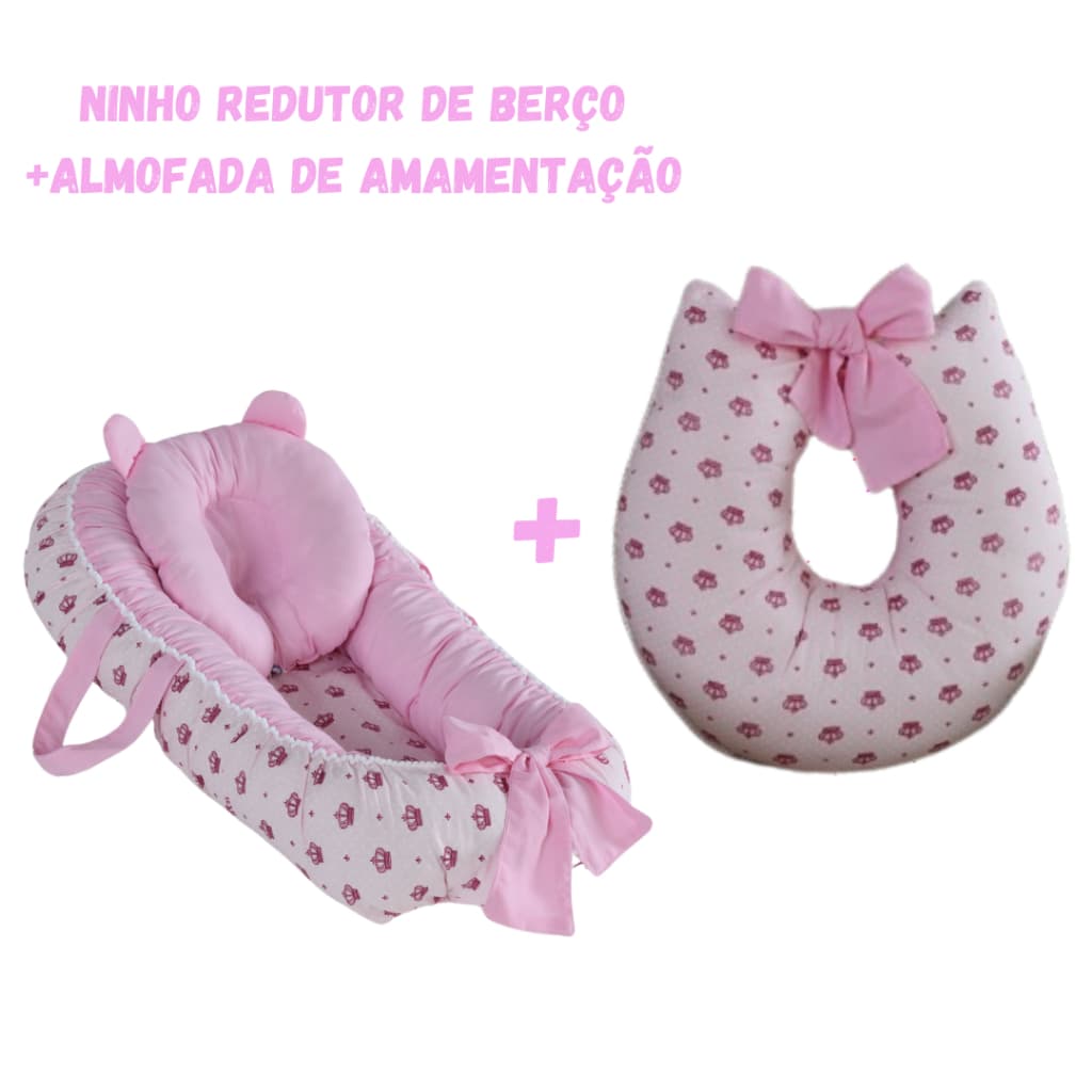 Ninho Redutor De Berço + Amamentação + Almofada Anatômica Coroa Rosa