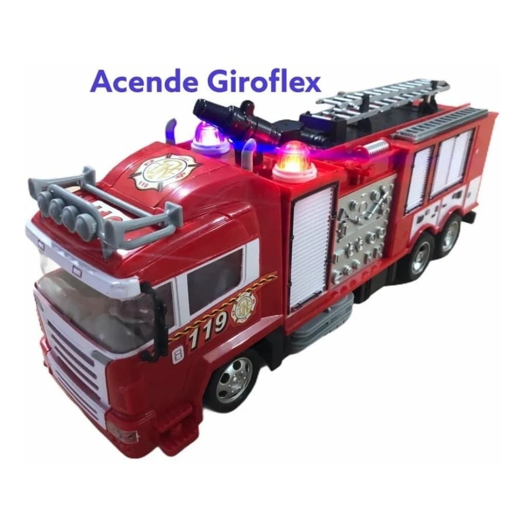 Caminhão Carro Carrinho Corpo Bombeiro com Controle Remoto Acende Giroflex com Som e Lança Agua