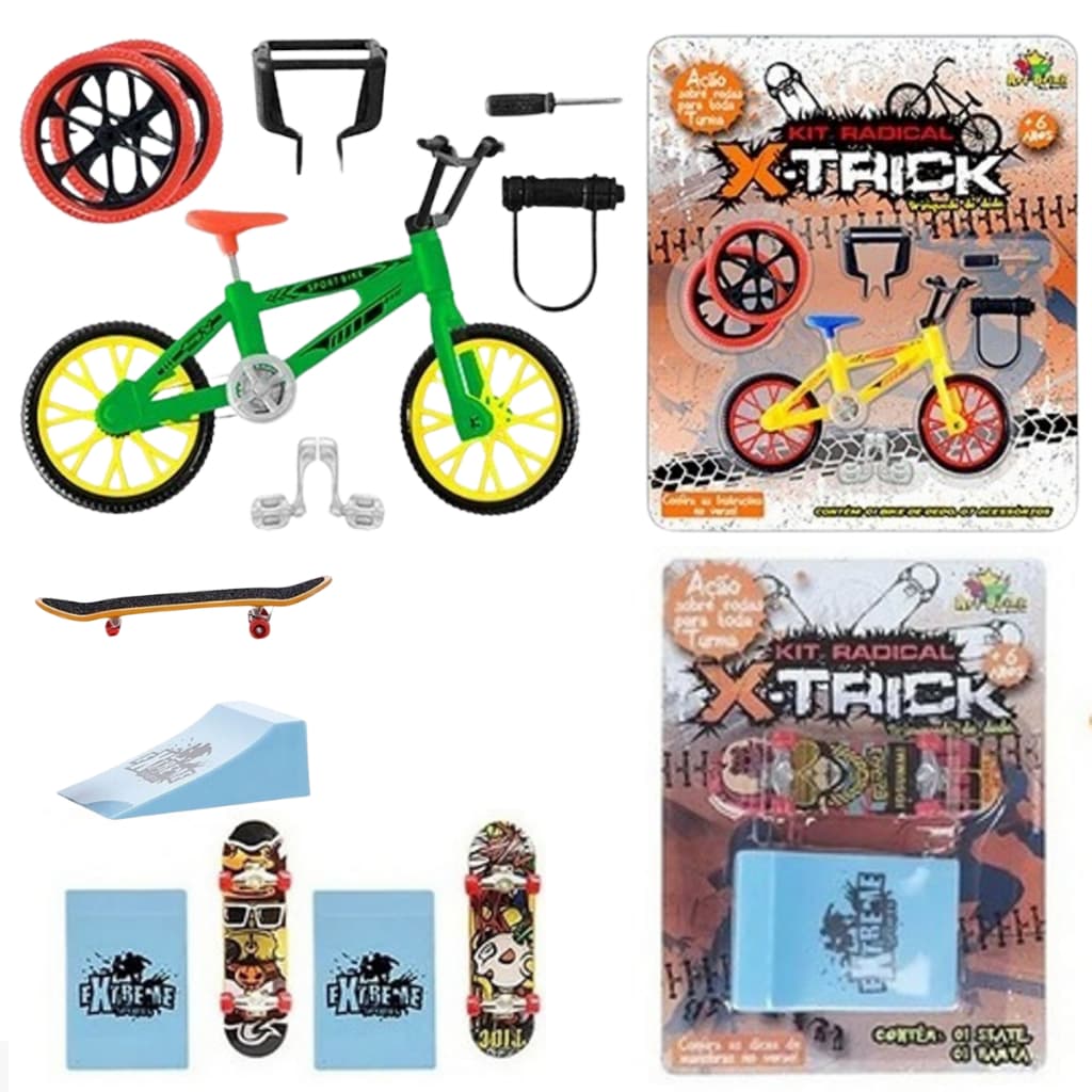 Bicicleta miniatura com quadro de ferro e skate dedo com acessórios