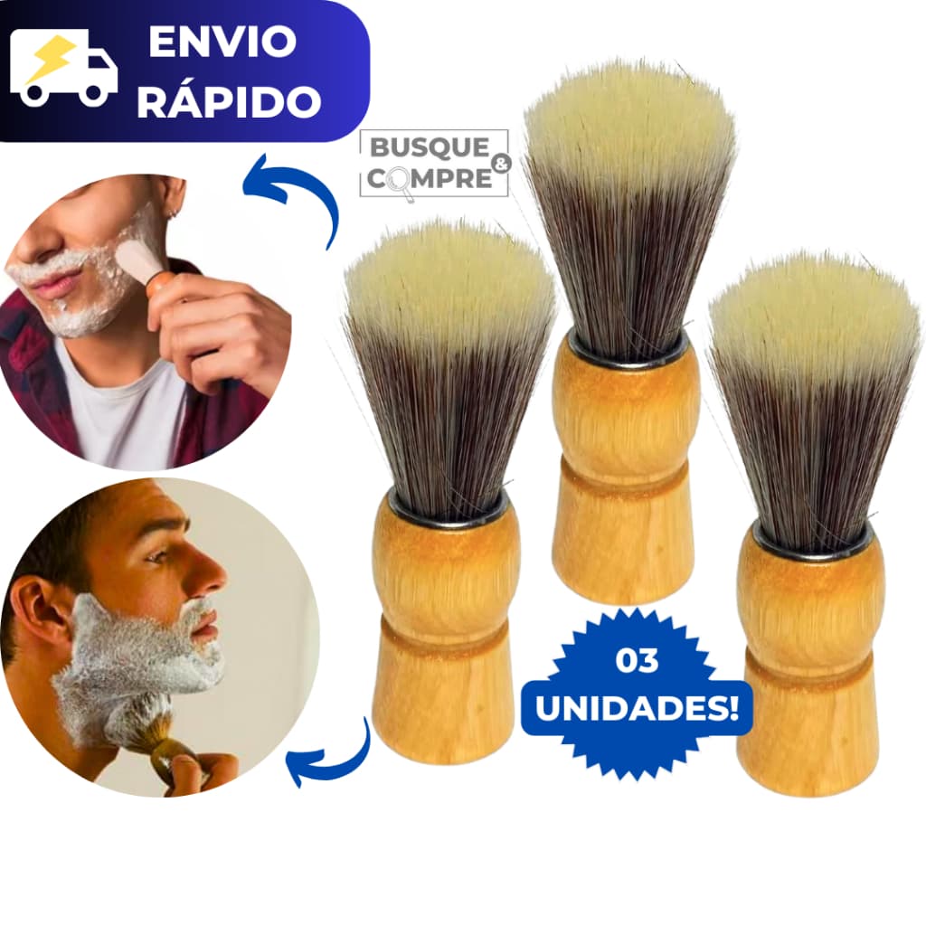 Kit 3 Pinceis de Barbear com Cabo de Madeira Pincel para Barba Barbeiro Barbearia Fibras Sintéticas