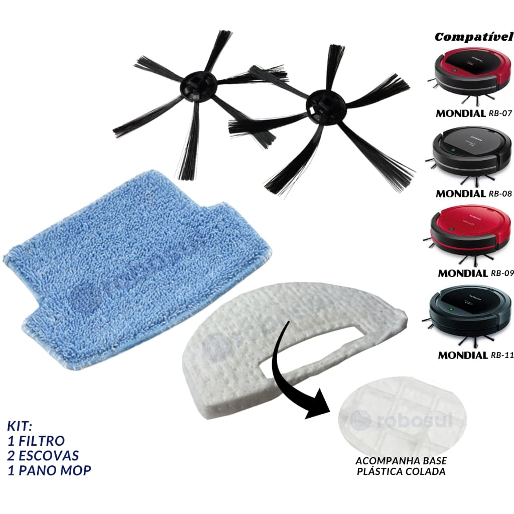 Escovas Filtro e Mop Para Robô Aspirador Mondial RB07 - RB08 - RB09 - RB11