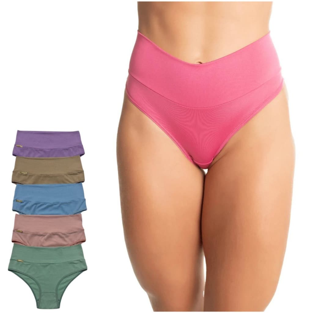 kit 5 Calcinha modeladora Cintura Alta Fio Dental Conforto modelo Cós Alto Promoção