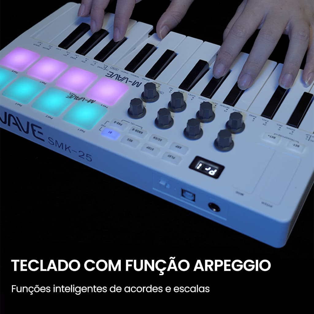 M-VAVE Mini teclado controlador MIDI portátil de 25 teclas USB com 8 pads de bateria retroiluminados 8 botões