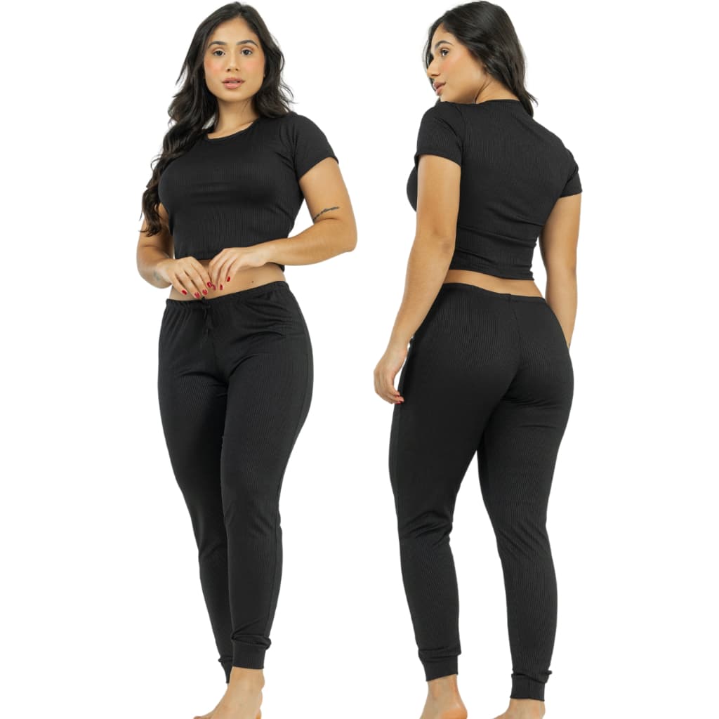 Pijama Canelado com Blusa de Manga  Feminino Casual Confortável Elegante