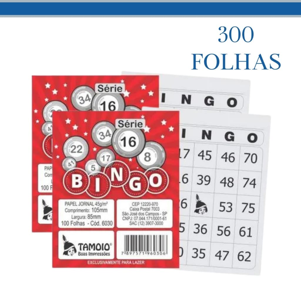 Jogo Cartela De Bingo Simples 105MM x 85MM Kit Com 300 Folhas  - Tamoio