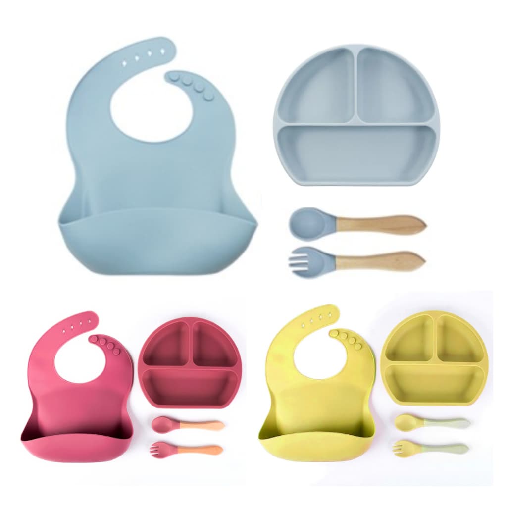 Talheres de Silicone Infantil Para Introdução Alimentar Snel Home Babador Prato Colher Garfo