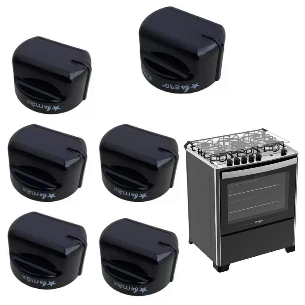 KIT COM 5 BOTÕES MÍN E MÁX + BOTÃO DO FORNO COM ESTAMPO FOGÃO DAKO MAGISTER INOX 5 BOCAS