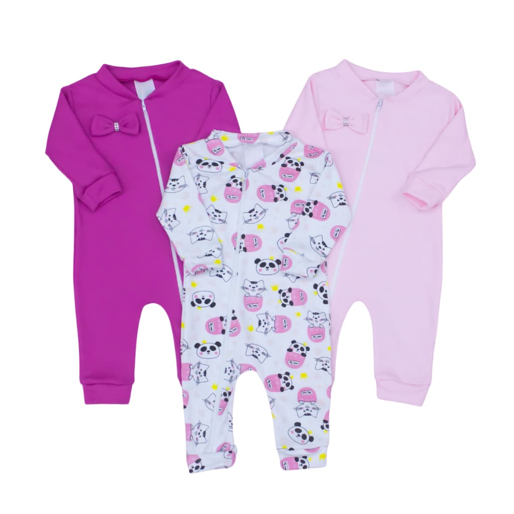 Macacão Bebê Menina Zíper 100% Algodão Feminino 3 peças Fácil de Vestir Roupas de Bebê Confortável