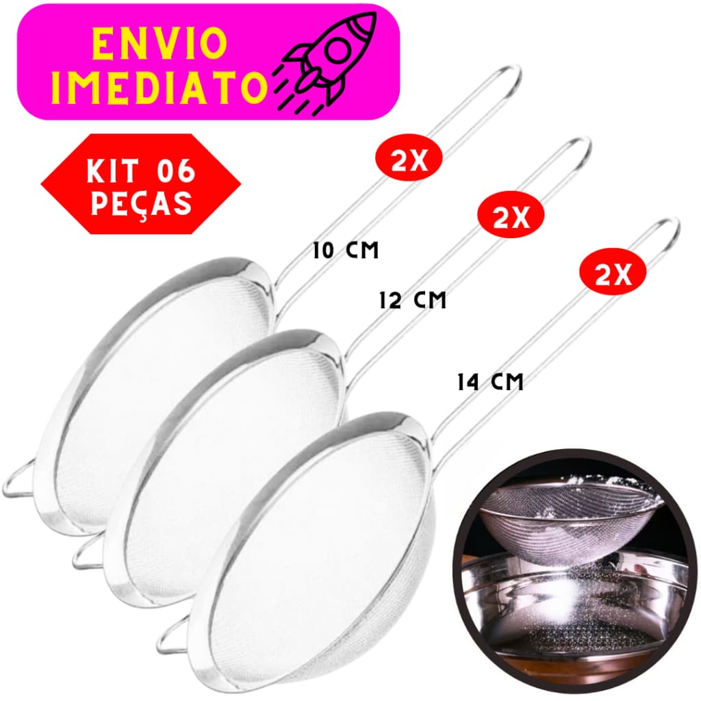 Kit 06 Peneiras 02 de 10 Cm 02 de 12 Cm 02 de 14 Cm Aço Inox Alta Qualidade e Resistencia