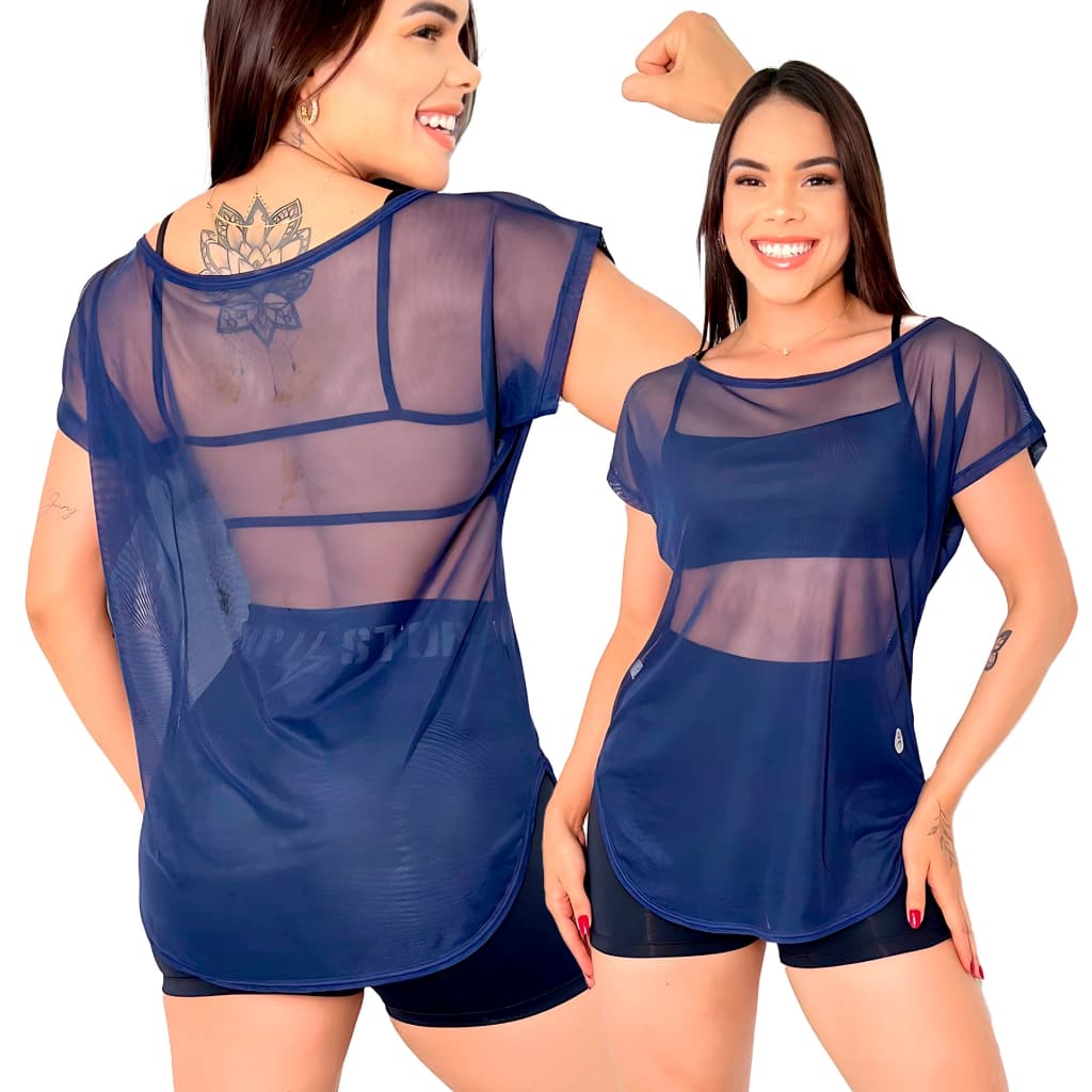 Blusa Tule Feminina Gola Canoa Transparente Manga Curta Fitness Moderna