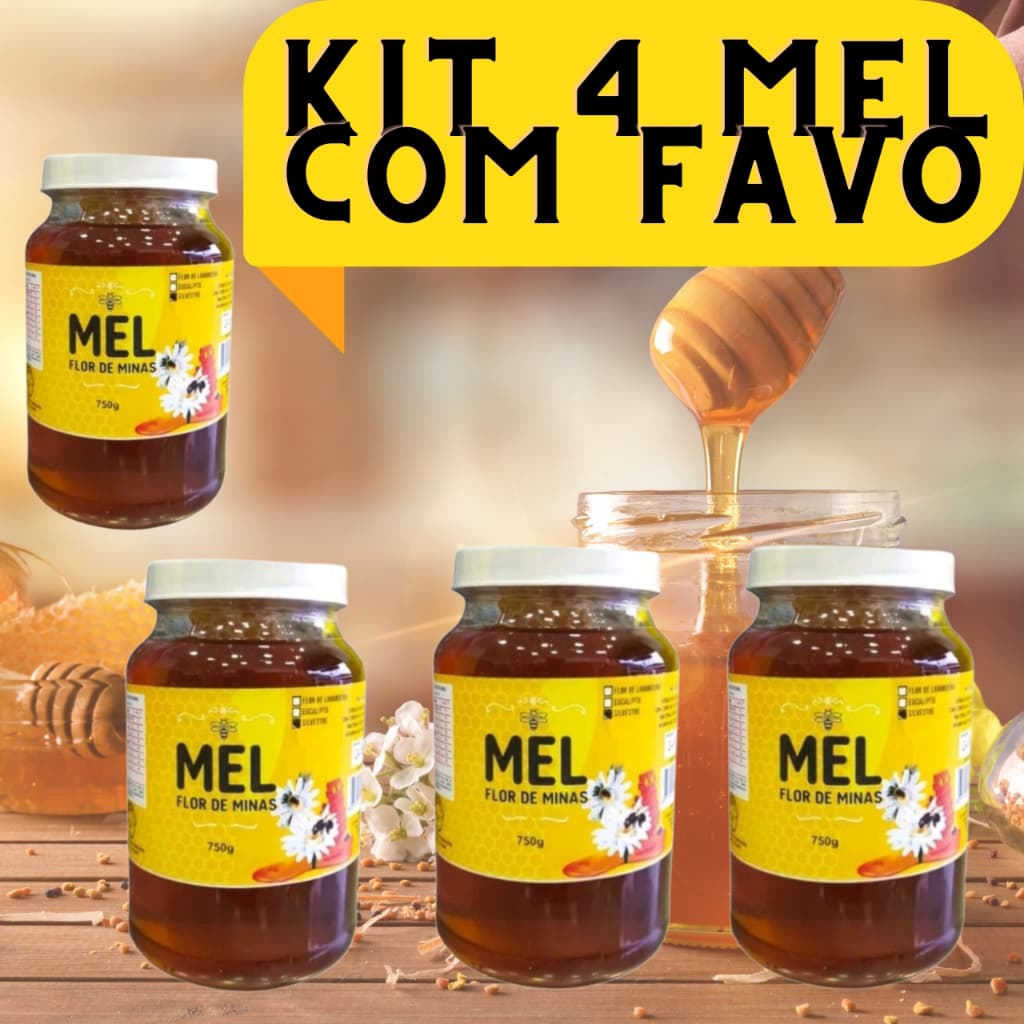 Kit 4 Mel Flor De Minas Vidro 750G Com Favo Chã Alimentos Dieta Multiuso Atacado Revenda Silvestre