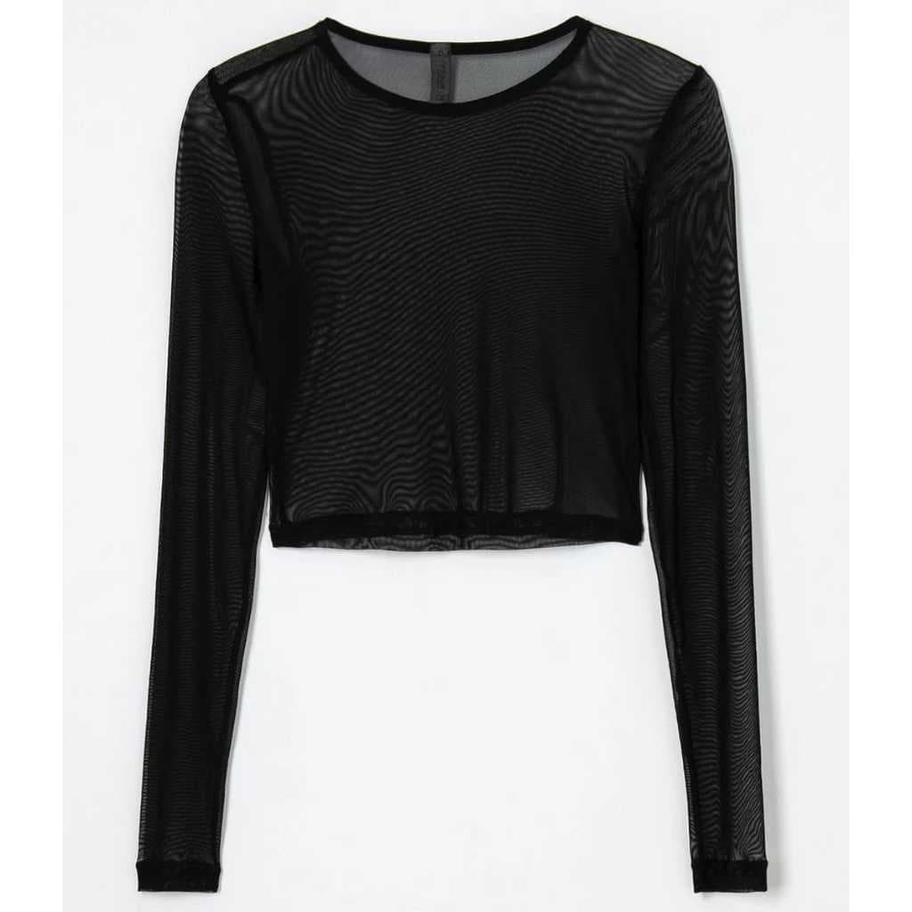 cropped de tule liso preto manga longa