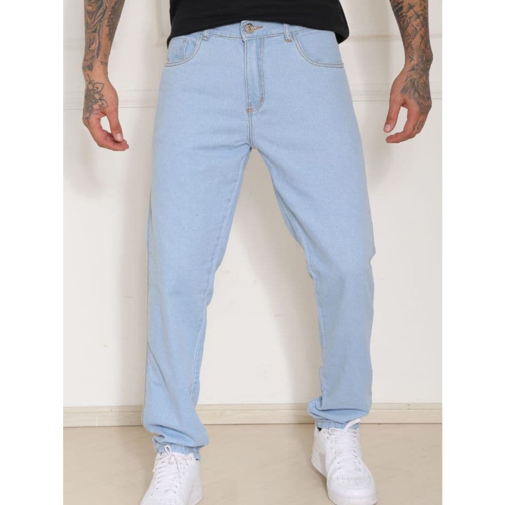 Calça Balão Masculina Jeans Claro Barra Mais Larga Calça Confortável Masculina