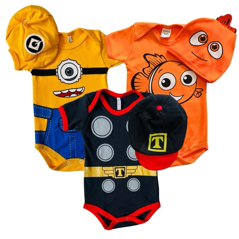 Body de bebê temático + Boina ou touca infantil personagens fantasia mesversário temático