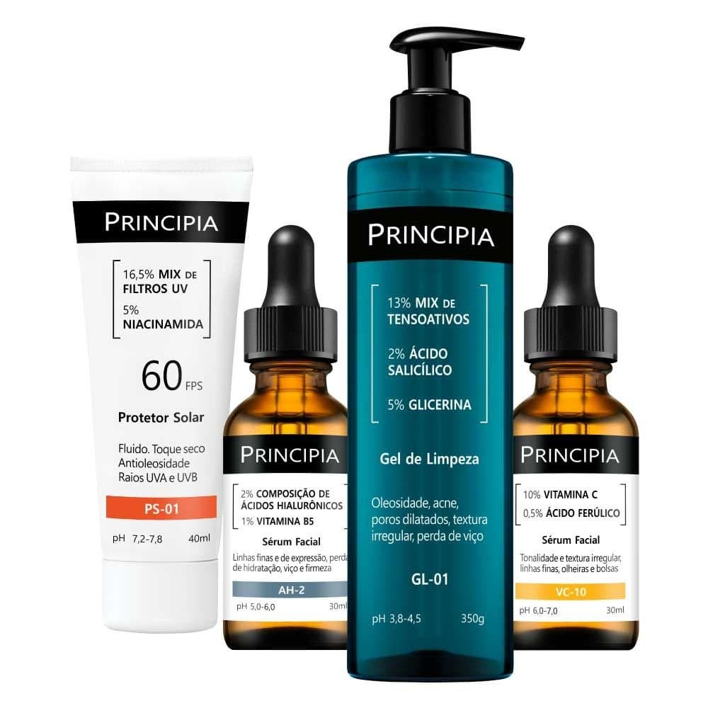 Principia Kit Essencial Vitamina C c/ Gel de Limpeza GL-01 + Sérum AH-2 + Sérum Vitamina C VC-10 + Protetor Solar PS-01