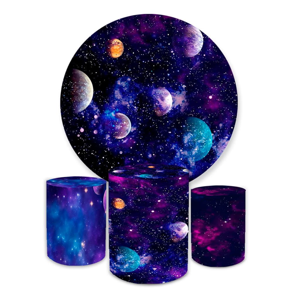 Kit Festa Capa Painel Redondo + Trio Capas de Cilindro Sublimados Tema Galáxia Decoração Espaço