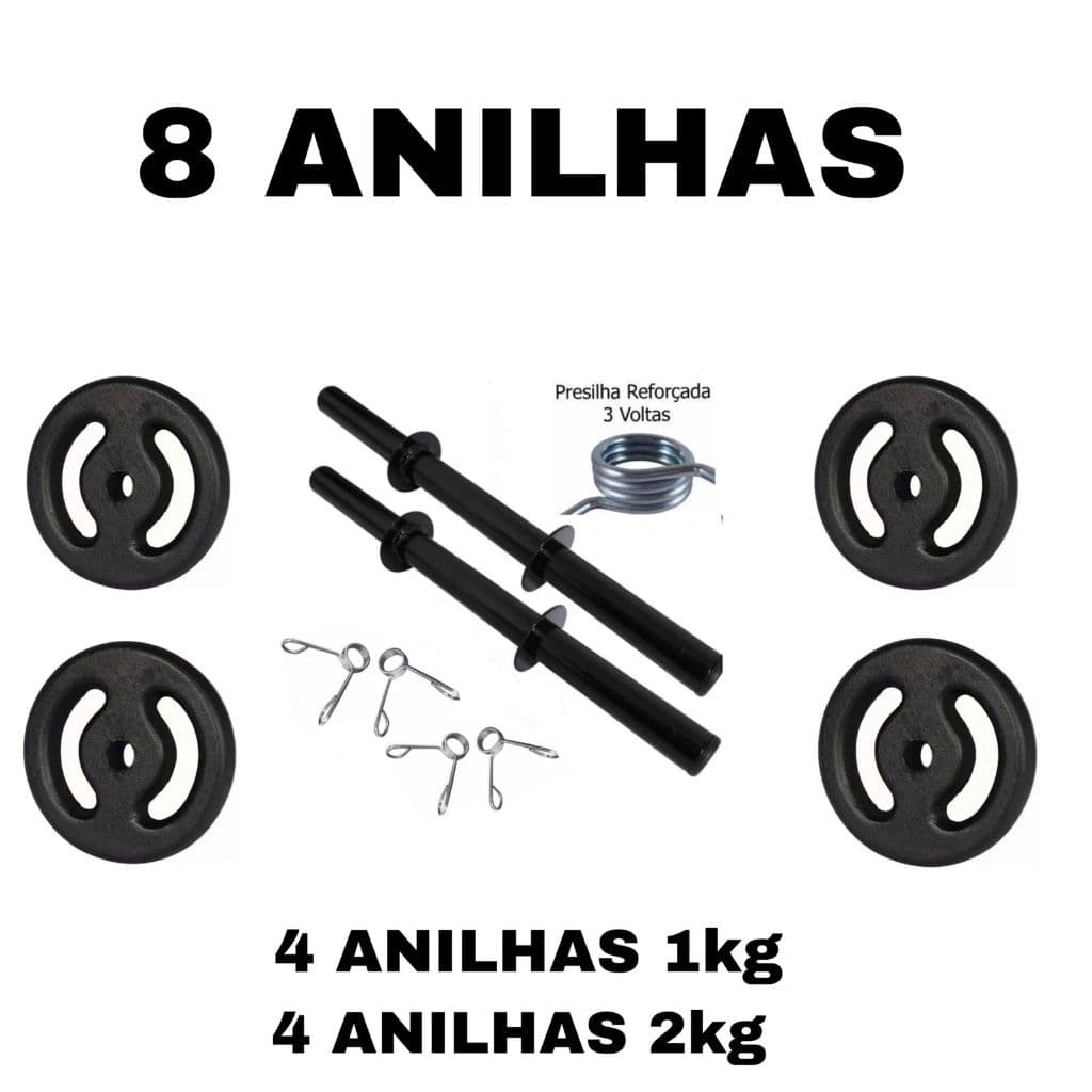 Kit 2 Barras Ocas 40cm com Presilhas + 4 Anilha 1kg + 4 Anilha 2kg | Halter De Peso Para Musculação